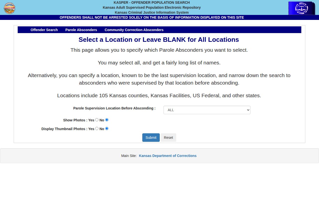 KASPER parole absconder lookup page