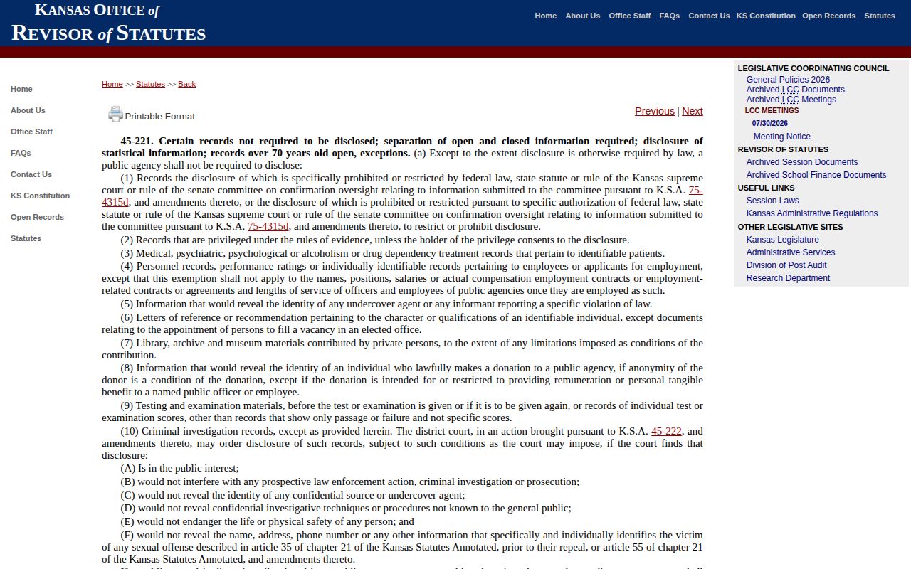 Kansas open records exemptions statute page for booking-photo context