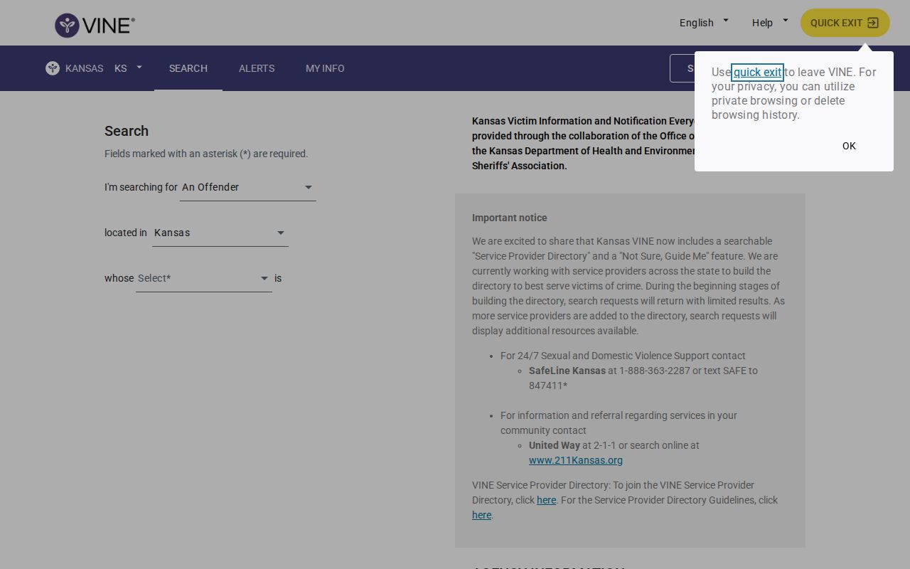Kansas VINELink person search and notification entry screen